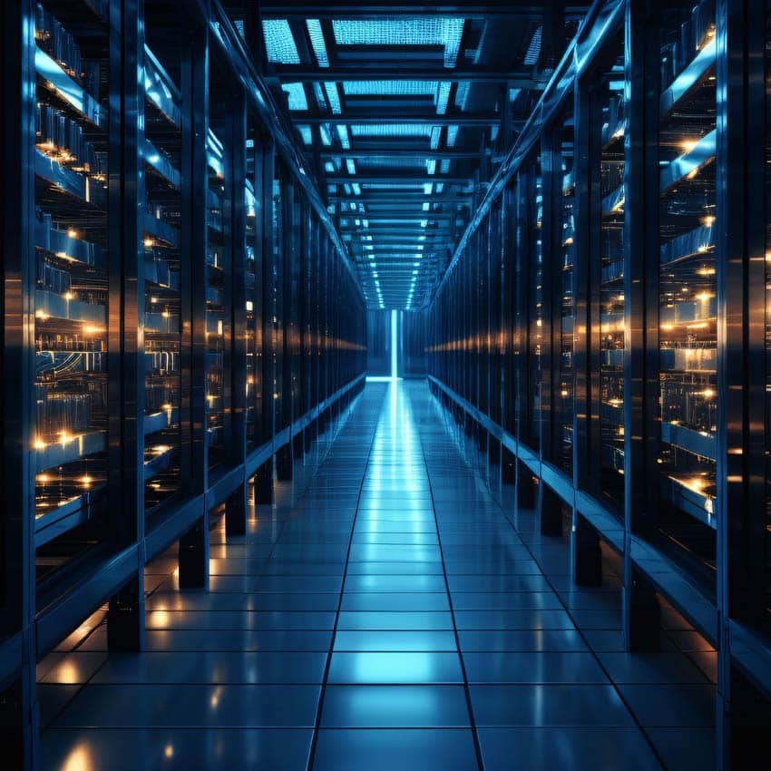 Long hallway with server racks on either side