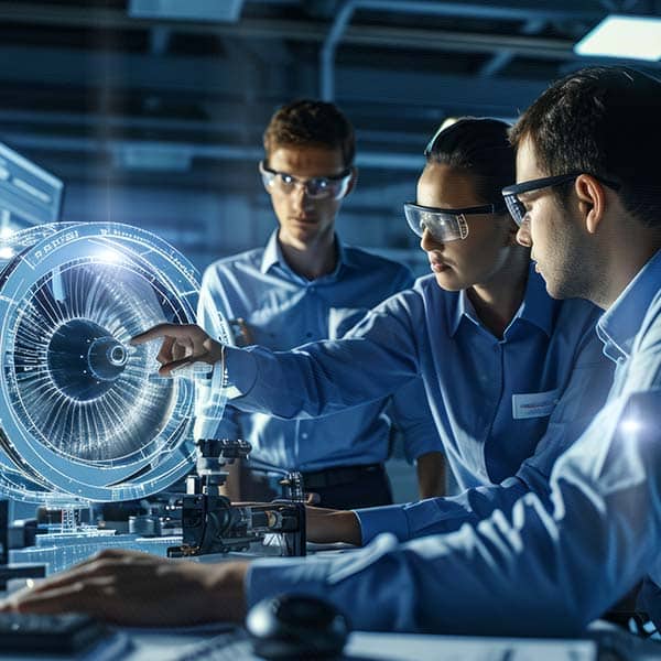 Engineers interacting with holographic engine