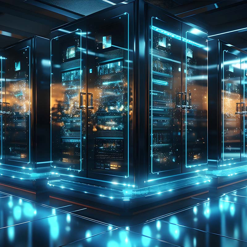 Server racks with glowing blue lights