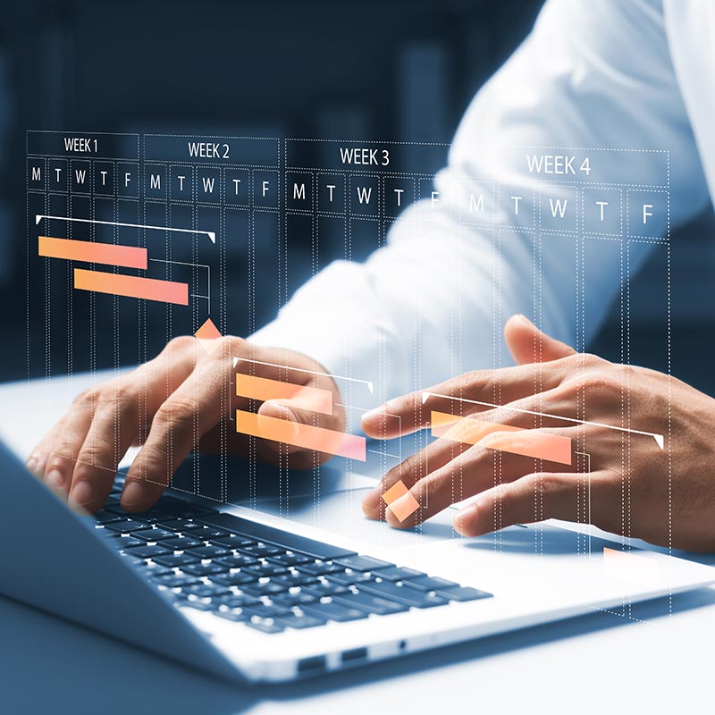 Man using laptop with calendar overlay